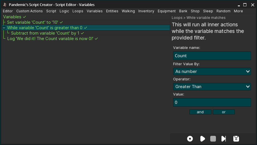 Variables in the editor